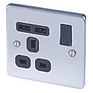 LAP  13A 1-Gang SP Switched Socket + 2.1A 10.5W 2-Outlet Type A USB Charger Polished Chrome with Black Inserts