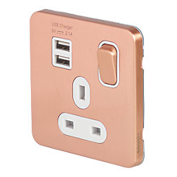 Schneider Electric Lisse Deco 13A 1-Gang SP Switched Socket + 2.1A  2-Outlet Type A USB Charger Copper with White Inserts