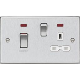 Knightsbridge  45A 2-Gang DP Cooker Switch & 13A DP Switched Socket Brushed Chrome with LED with White Inserts