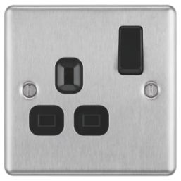 LAP  13A 1-Gang SP Switched Plug Socket Brushed Stainless Steel  with Black Inserts
