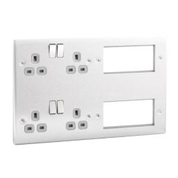 British General Nexus Metal 13A 4-Gang DP Combination Plate Brushed Steel with Grey Inserts