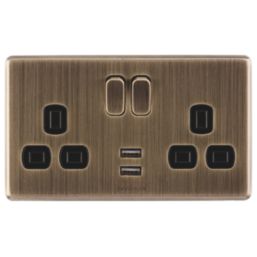 Arlec  13A 2-Gang SP Switched Socket + 4A 15W 2-Outlet Type A USB Charger Antique Brass with Black Inserts