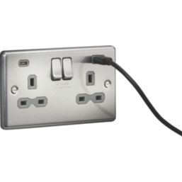 Knightsbridge  13A 2-Gang SP Switched Socket + 4.0A 20W 2-Outlet Type A & C USB Charger Brushed Chrome with Grey Inserts