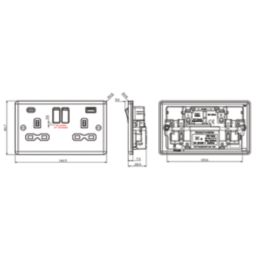 Knightsbridge  13A 2-Gang SP Switched Socket + 4.0A 20W 2-Outlet Type A & C USB Charger Brushed Chrome with Grey Inserts