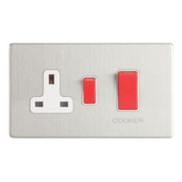 Contactum Lyric 45A 2-Gang DP Cooker Switch & 13A DP Switched Socket Brushed Steel  with White Inserts