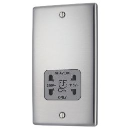 British General Nexus Metal 2-Gang Dual Voltage Shaver Socket 115 / 240V Brushed Stainless Steel with Graphite Inserts