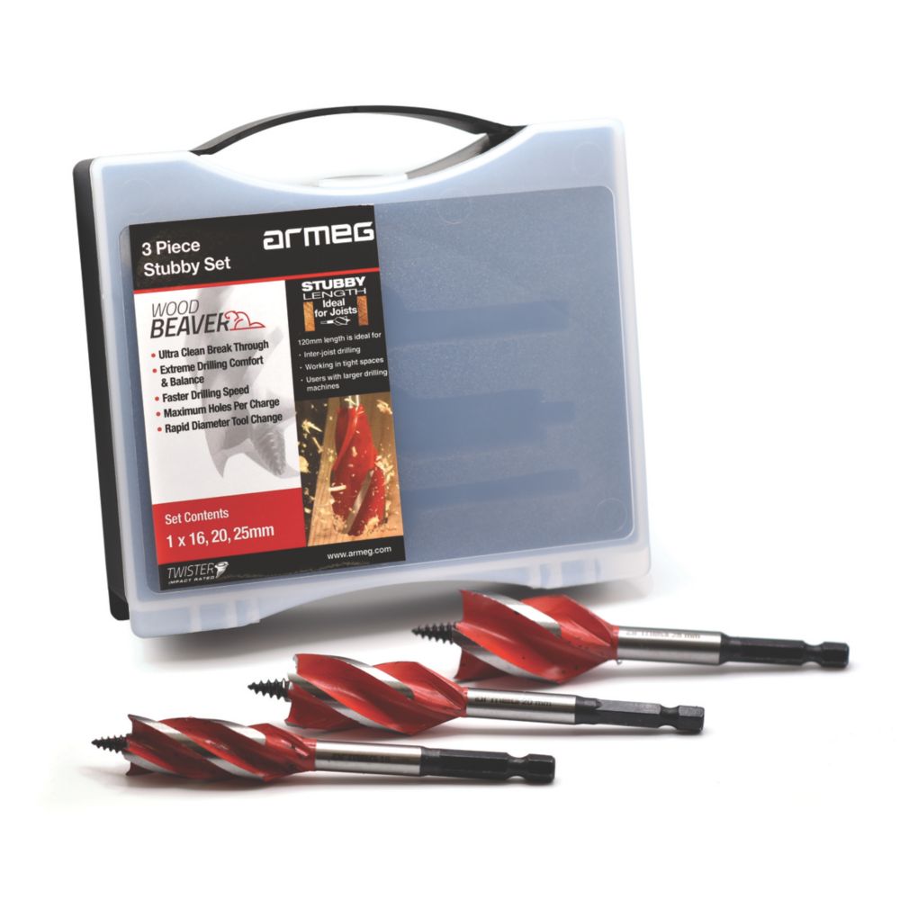 Armeg Wood Beaver Hex Shank 4Flute Auger Wood Stubby Drill Bit Set 3