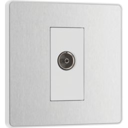 British General Evolve 1-Gang Coaxial TV / FM Socket Brushed Steel with White Inserts