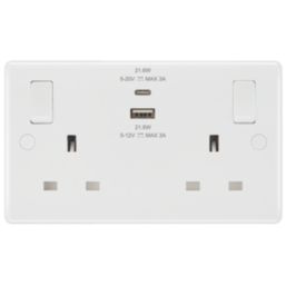 British General 800 Series 13A 2-Gang SP Switched Socket + 3A 22W 2-Outlet Type A & C USB Charger White