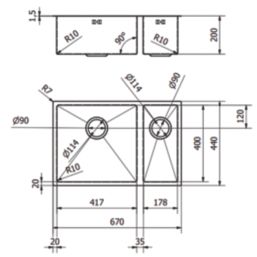 ETAL Elite 1.5 Bowl Stainless Steel Kitchen Sink Brushed Brass Left-Handed 670mm x 440mm