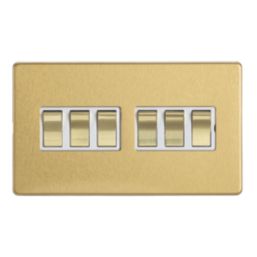 Contactum Lyric 10AX 6-Gang 2-Way Light Switch  Brushed Brass with White Inserts