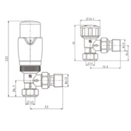 ETAL Danva 15mm x 1/2" Brushed Brass Angled Modern Thermostatic Radiator Valve & Lockshield