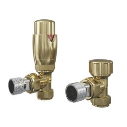 ETAL Danva 15mm x 1/2" Brushed Brass Angled Modern Thermostatic Radiator Valve & Lockshield
