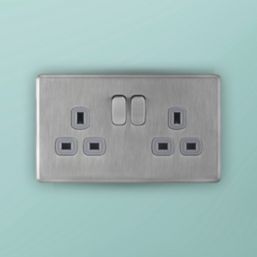 Arlec  13A 2-Gang SP Switched Socket Stainless Steel  with Grey Inserts
