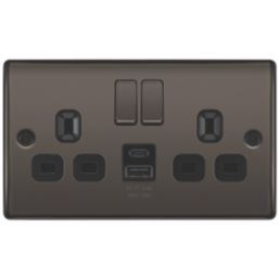 British General Nexus Metal 13A 2-Gang SP Switched Socket + 2.4A 12W 2-Outlet Type A & C USB Charger Black Nickel with Black Inserts