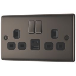 British General Nexus Metal 13A 2-Gang SP Switched Socket + 2.4A 12W 2-Outlet Type A & C USB Charger Black Nickel with Black Inserts