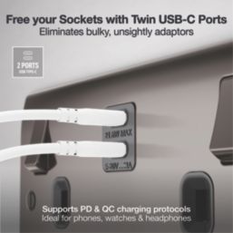British General Nexus Metal 13A 2-Gang SP Switched Socket + 3.25A 22W 2-Outlet Type C USB Charger Black Nickel with Black Inserts