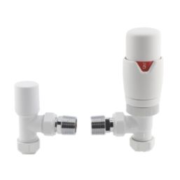 ETAL Danva 15mm x 1/2" Matt White Angled & L/S Modern Thermostatic Radiator Valve & Lockshield