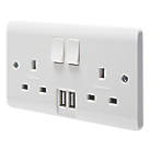 Crabtree Instinct 13A 2-Gang DP Switched Socket + 2.1A 10.5W 2-Outlet Type A USB Charger White