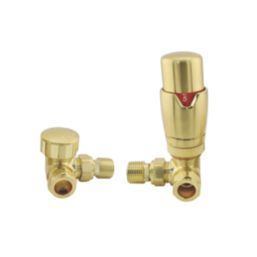 ETAL Danva 15mm x 1/2" Brushed Brass Corner & L/S Modern Thermostatic Radiator Valve & Lockshield