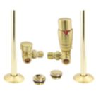 ETAL Danva 15mm x 1/2" Brushed Brass Corner & L/S Modern Thermostatic Radiator Valve & Lockshield