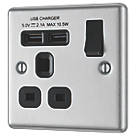 LAP  13A 1-Gang SP Switched Socket + 2.1A 10.5W 2-Outlet Type A USB Charger Brushed Stainless Steel with Black Inserts