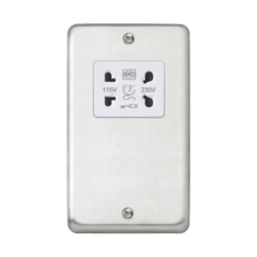 MK Contoura 2-Gang Dual Voltage Shaver Socket 115/230V Brushed Stainless Steel with White Inserts