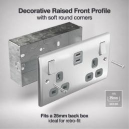 British General Nexus Metal 13A 2-Gang SP Switched Socket + 3.25A 22W 2-Outlet Type C USB Charger Brushed Steel with Grey Inserts