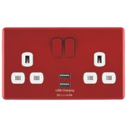 Arlec  13A 2-Gang SP Switched Socket + 4A 15W 2-Outlet Type A USB Charger Red with White Inserts