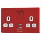 Arlec  13A 2-Gang SP Switched Socket + 4A 15W 2-Outlet Type A USB Charger Red with White Inserts