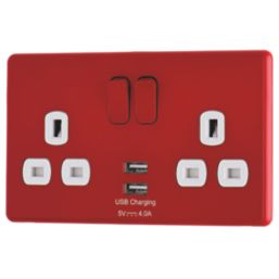 Arlec  13A 2-Gang SP Switched Socket + 4A 15W 2-Outlet Type A USB Charger Red with White Inserts