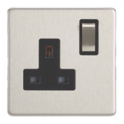 Contactum Lyric 13A 1-Gang DP Switched Socket Outlet Brushed Steel  with Black Inserts
