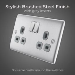 British General Nexus Metal 13A 2-Gang DP Switched Plug Socket Brushed Steel  with Graphite Inserts