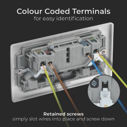 British General Nexus Metal 13A 2-Gang DP Switched Plug Socket Brushed Steel  with Graphite Inserts