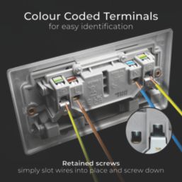 British General Nexus Metal 13A 2-Gang DP Switched Plug Socket Brushed Steel  with Graphite Inserts