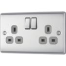 British General Nexus Metal 13A 2-Gang DP Switched Plug Socket Brushed Steel  with Graphite Inserts