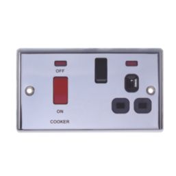 LAP  45A 2-Gang DP Cooker Switch & 13A DP Switched Socket Polished Chrome with Neon with Black Inserts
