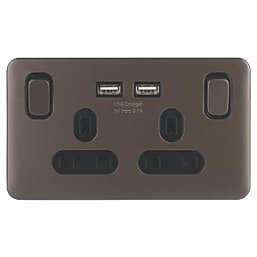 Schneider Electric Lisse Deco 13A 2-Gang SP Switched Socket + 2.1A 10.5W 2-Outlet Type A USB Charger Mocha Bronze with Black Inserts