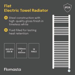 Flomasta 1200mm x 400mm 853BTU White Flat Electric Towel Radiator