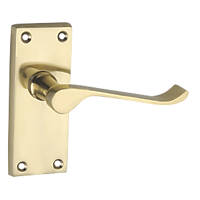 Smith & Locke Short Victorian Fire Rated Latch Door Handles Pair Polished Brass