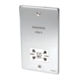 Schneider Electric Ultimate Low Profile 2-Gang Dual Voltage Shaver Socket 115 / 230V Polished Chrome with White Inserts