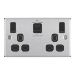 LAP  13A 2-Gang SP Switched Socket + 3A 45W 2-Outlet Type A & C USB Charger Brushed Steel with Black Inserts