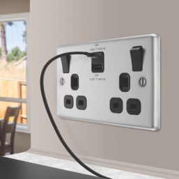 LAP  13A 2-Gang SP Switched Socket + 3A 45W 2-Outlet Type A & C USB Charger Brushed Steel with Black Inserts