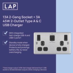 LAP  13A 2-Gang SP Switched Socket + 3A 45W 2-Outlet Type A & C USB Charger Brushed Steel with Black Inserts