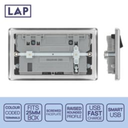 LAP  13A 2-Gang SP Switched Socket + 3A 45W 2-Outlet Type A & C USB Charger Brushed Steel with Black Inserts