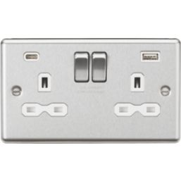 Knightsbridge  13A 2-Gang SP Switched Socket + 4.0A 20W 2-Outlet Type A & C USB Charger Brushed Chrome with White Inserts