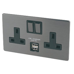 LAP  13A 2-Gang DP Switched Socket + 2.1A  2-Outlet Type A USB Charger Slate-Effect with Black Inserts