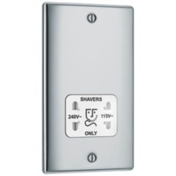 British General Nexus Metal 2-Gang Dual Voltage Shaver Socket 115 / 240V Polished Chrome with White Inserts