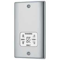 British General Nexus Metal 2-Gang Dual Voltage Shaver Socket 115 / 240V Polished Chrome with White Inserts