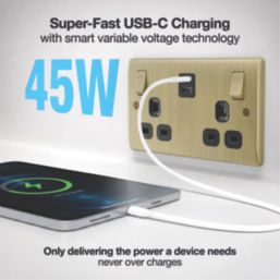 British General Nexus Metal 13A 2-Gang SP Switched Socket + 3.25A 45W 2-Outlet Type C USB Charger Antique Brass with Black Inserts